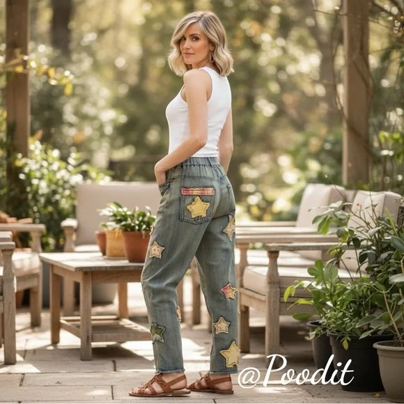 BLUE VELVET patchwork embroidery relaxed fit fray hem washed out jeans sz MEDIUM - Picture 2 of 14